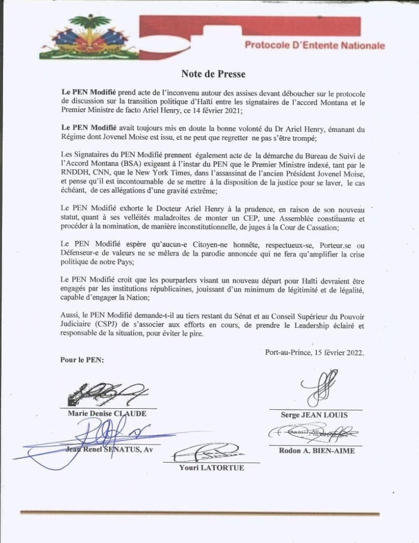 Le PEN Modifié prend acte aux mauvais usages d’une importante rencontre entre l’accord Montana et les signataires d’accord Ariel Henry sur la transition, et le PEN exhorte le PM Ariel Henry à la prudence.-